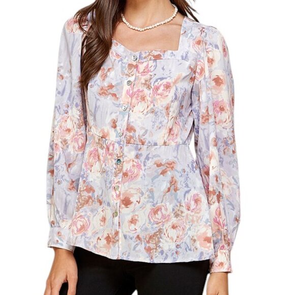 Floral Sweetheart Neckline Button Down Pink, Purple, and White Blouse - Picture 1 of 7